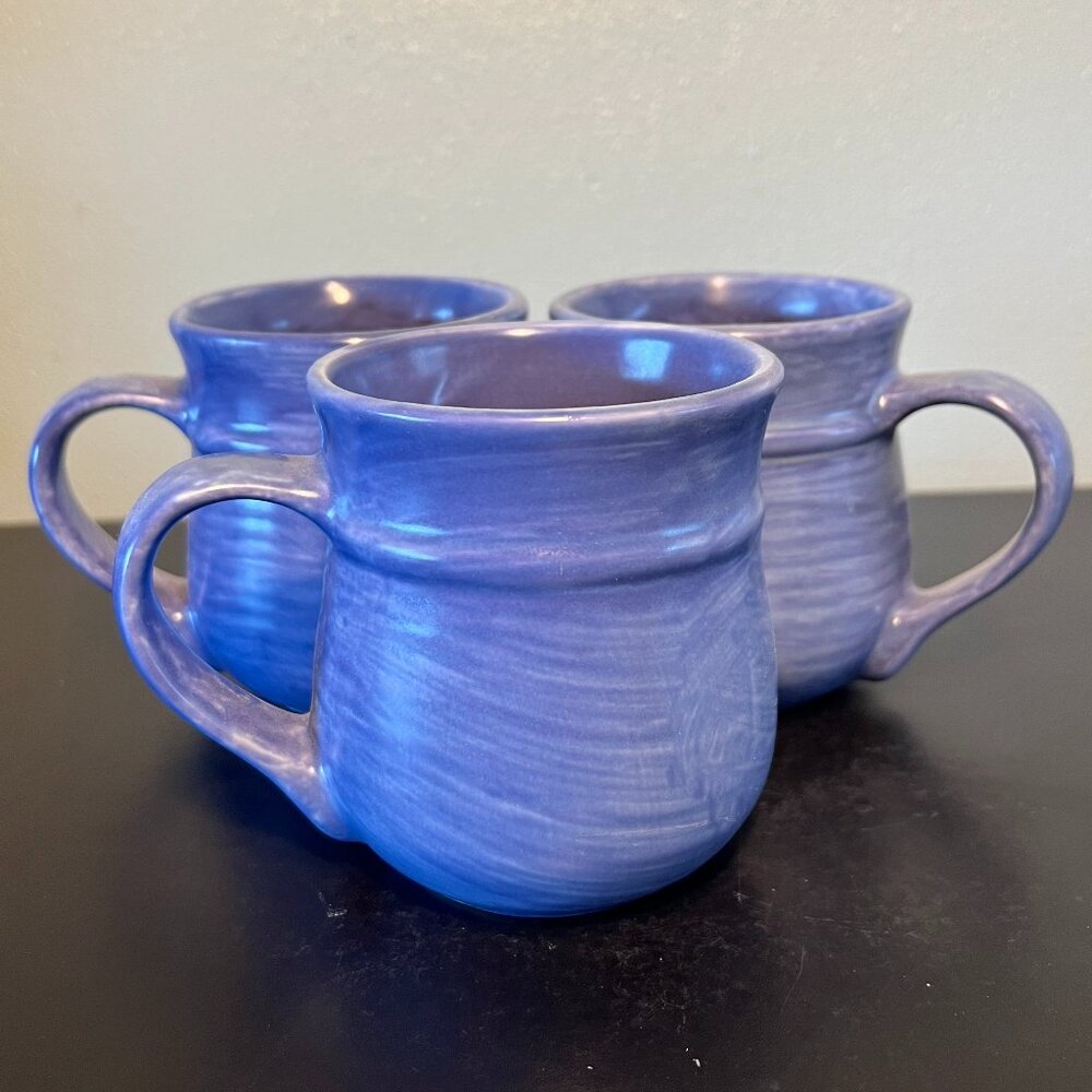 Set of 3 PFALTZGRAFF Stonewash Blue Stoneware Ribbed Mugs ~ Crafted in Mexico